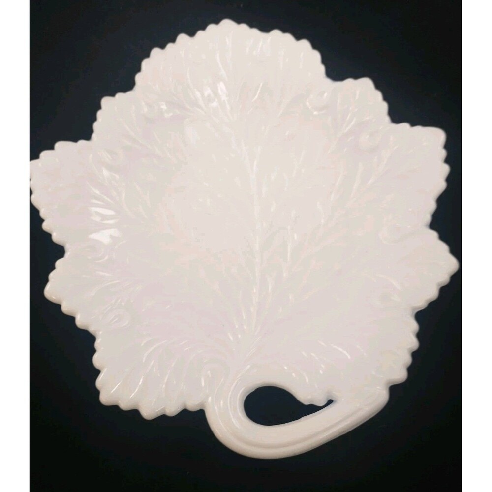Vintage Fenton Leaf White Milk Glass Serving Plate Stem Handle 1950s 8.25"x 8"